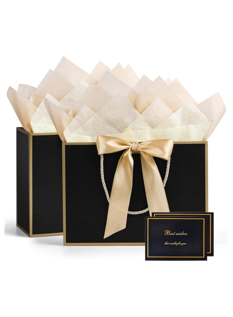 saykfoe 2PCS Black Large Gift Bags, Paper Bags with Ribbon, Greeting Cards and Tissue Paper, Portable Party Bags with Handles, Birthday Gift Bags, Present Bags for Wedding Party, Party Supplies（32*25*11cm） - Image 1